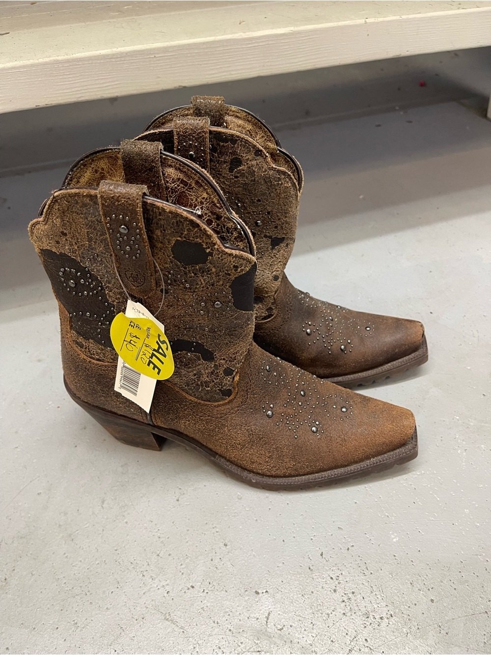 Women's Brown Distressed Suede Western Ankle Boots with Stud Detail